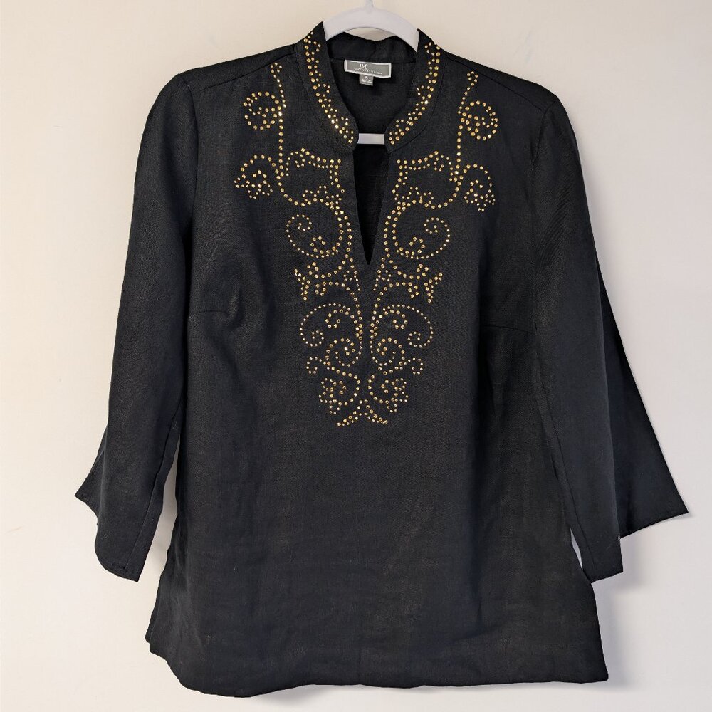 JM Collection Linen studded top with 3/4 sleeves